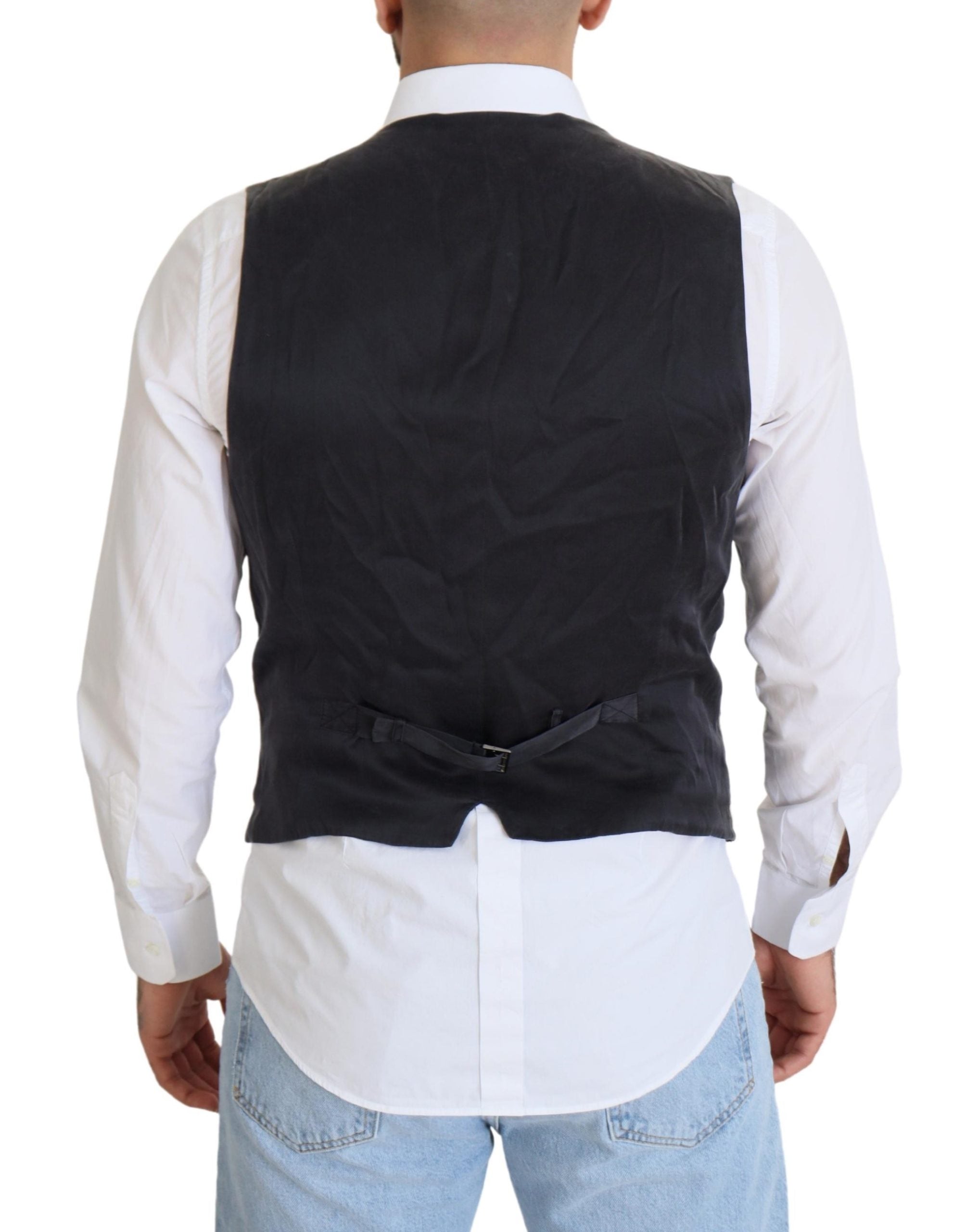 Black cotton double-breasted waistcoat vest by Dolce & Gabbana, shown from the front with button details and tailored fit.