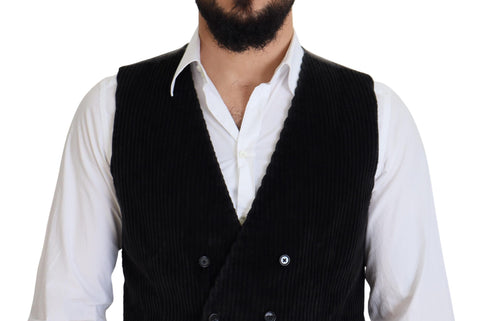 Black cotton double-breasted waistcoat vest by Dolce & Gabbana, featuring a tailored fit and classic lapel design.