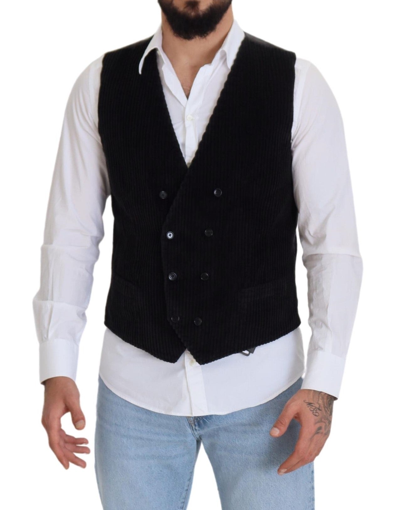 Black cotton double-breasted waistcoat vest by Dolce & Gabbana, with tailored fit and classic button details.