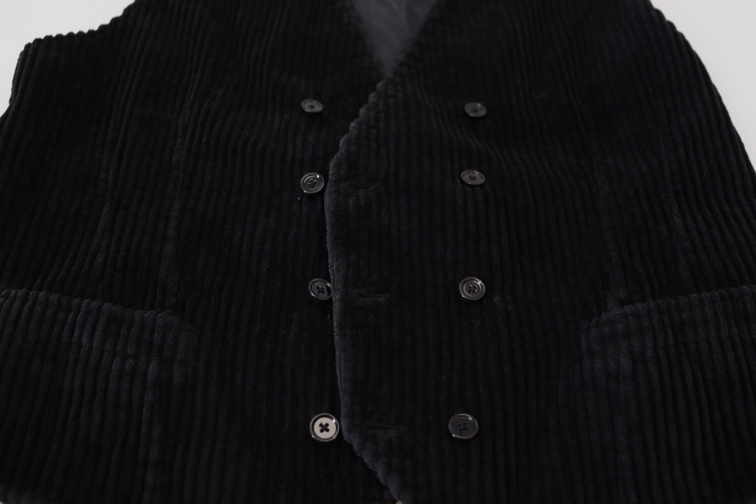 Black cotton double-breasted waistcoat vest by Dolce & Gabbana, featuring button details and tailored fit.