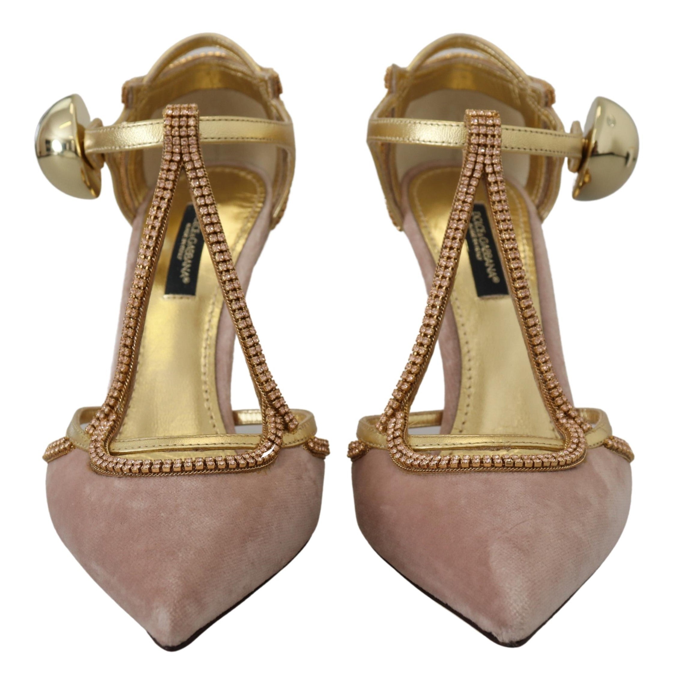Pink crystal T-strap heels pumps from Dolce & Gabbana with elegant design and sparkling embellishments.