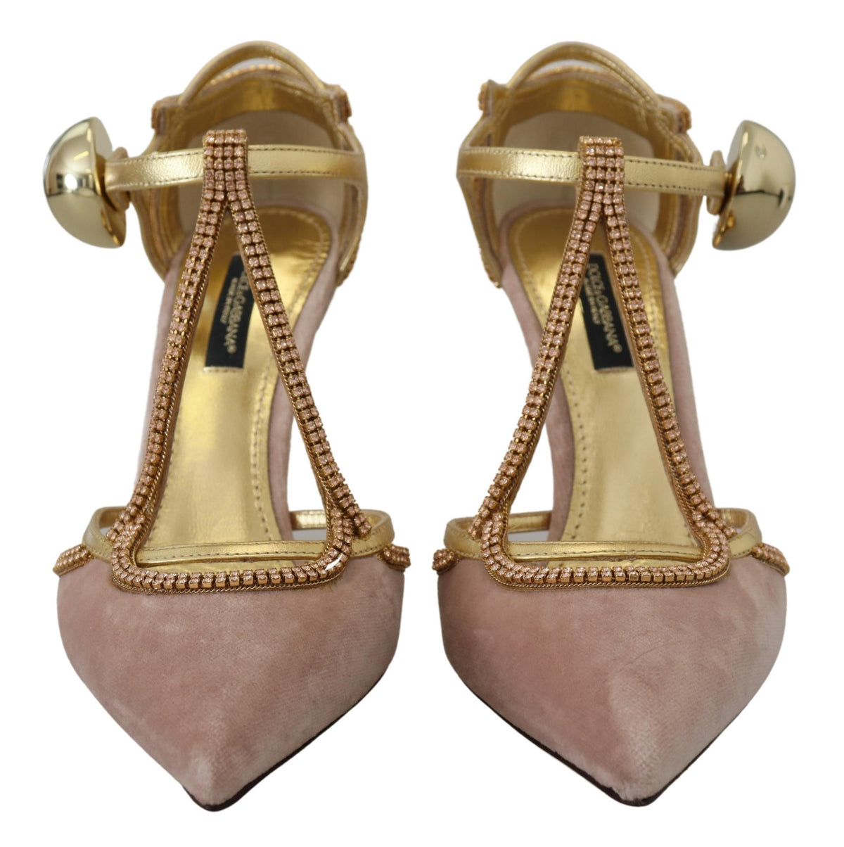 Pink crystal T-strap heels pumps from Dolce & Gabbana with elegant design and sparkling embellishments.