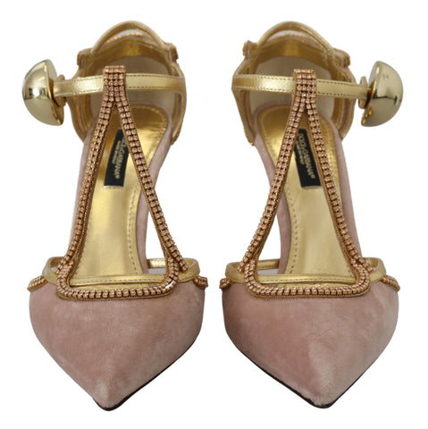 Pink crystal T-strap heels pumps from Dolce & Gabbana with elegant design and sparkling embellishments.