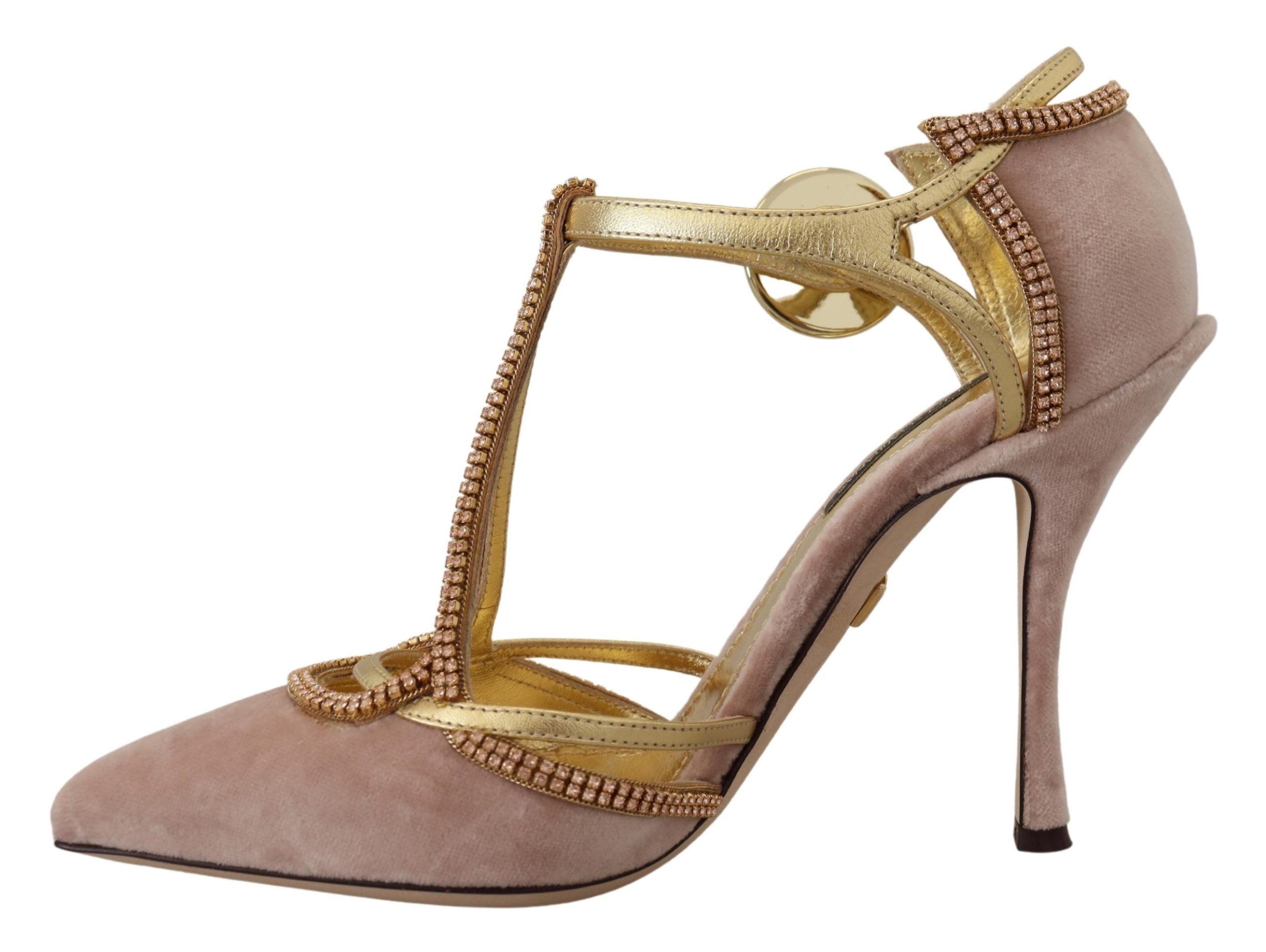 Pink crystal T-strap heels by Dolce & Gabbana, stylish pumps with crystal embellishments and elegant T-strap design.