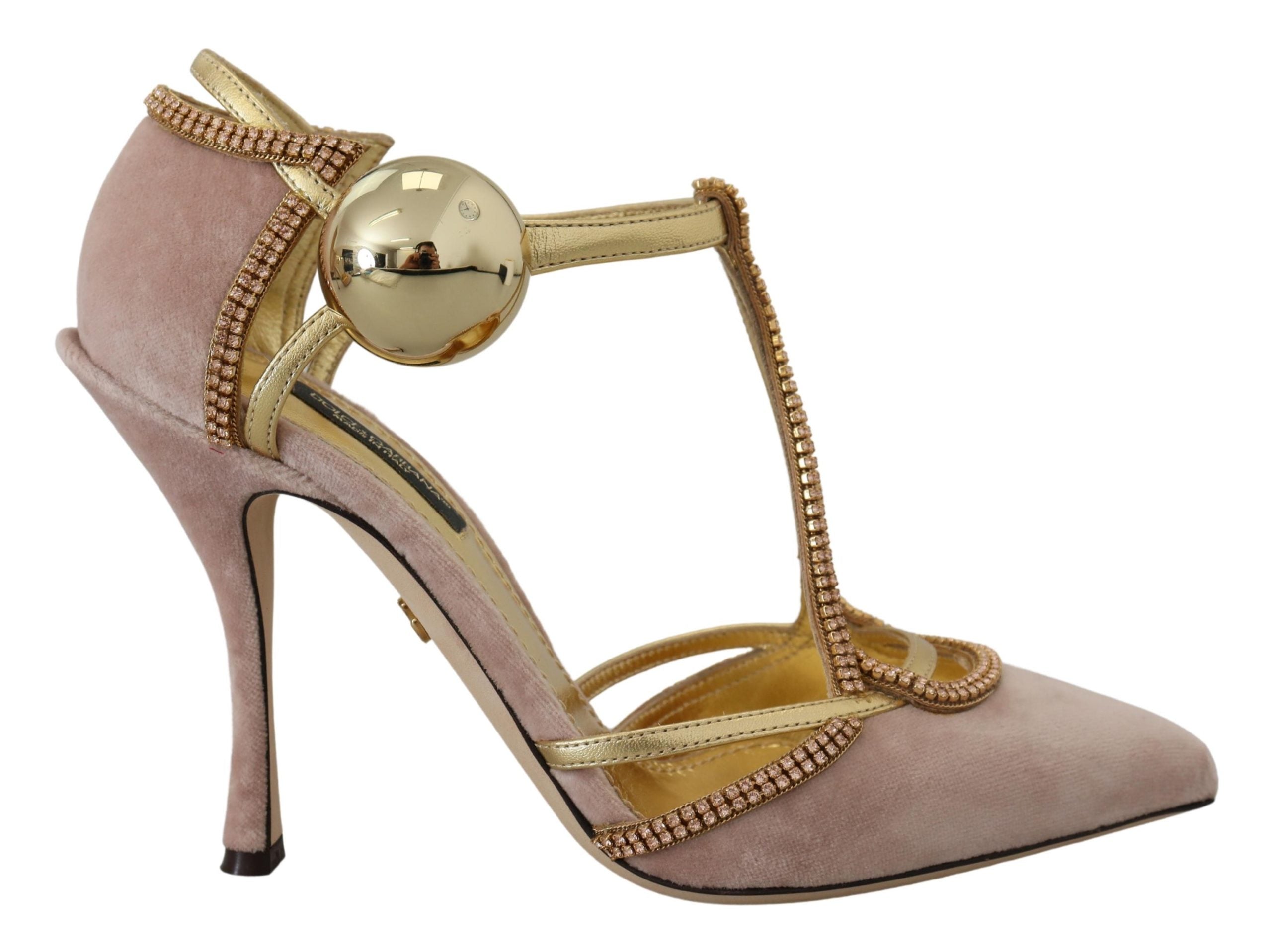 Pink crystal T-strap heels pumps by Dolce & Gabbana, featuring elegant crystal embellishments and stylish T-strap design.