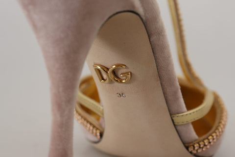 Pink crystal T-strap heels by Dolce & Gabbana with elegant pump design and sparkling embellishments.