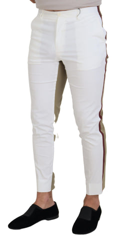 White and brown slim fit chino pants by Dolce & Gabbana, shown laying flat with belt loops and classic tailored style.