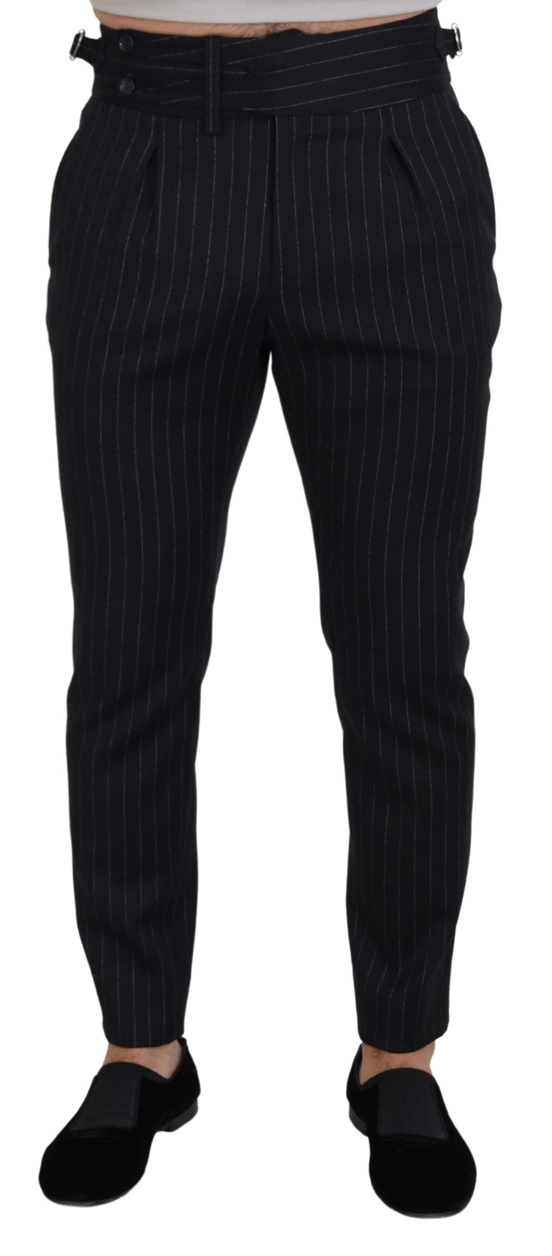 Black wool striped chino pants by Dolce & Gabbana, featuring tailored fit and classic stripe pattern.