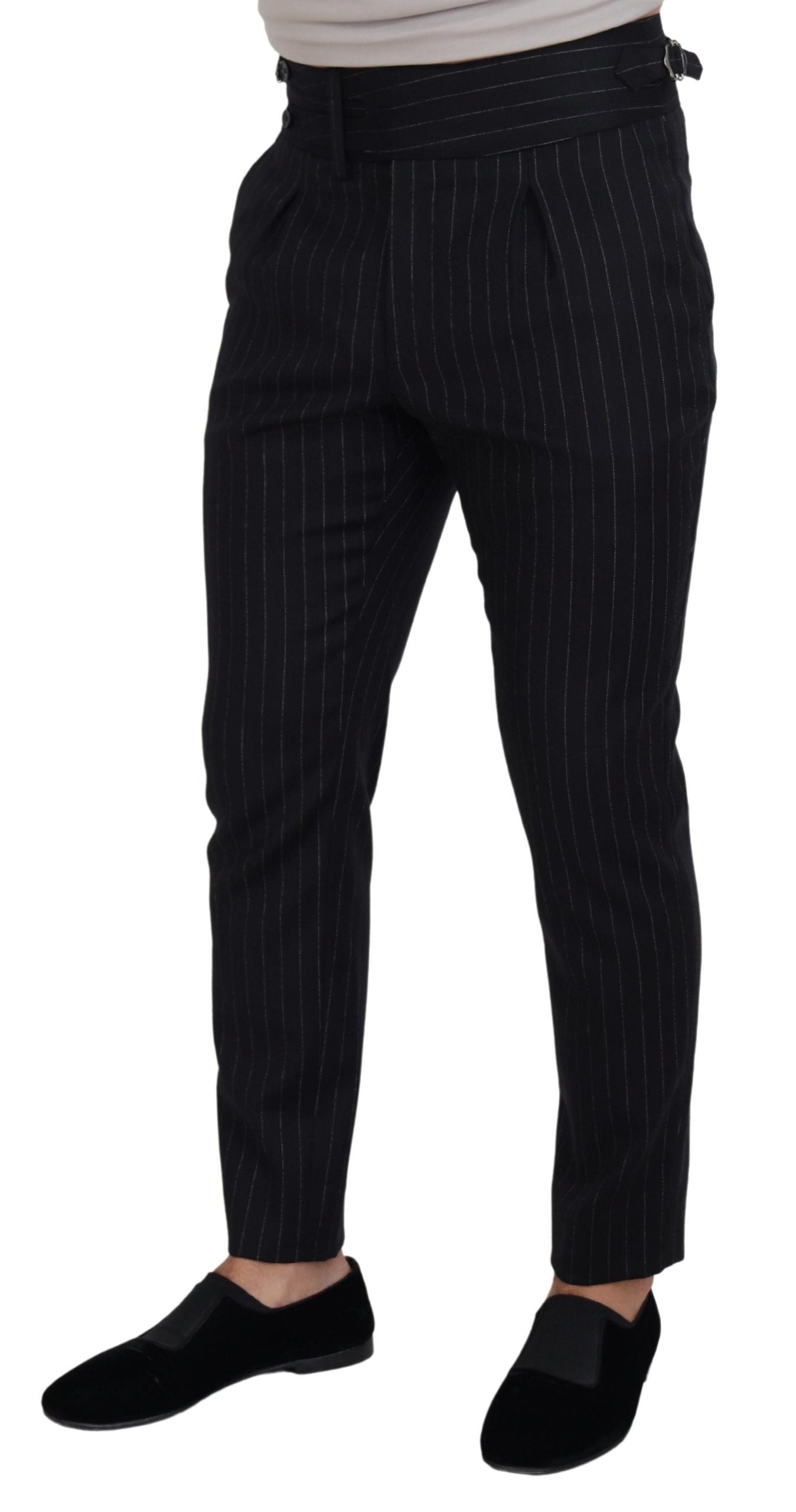 Black wool striped chino pants by Dolce & Gabbana, tailored fit with classic pattern and modern style, shown on a hanger.