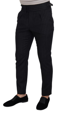 Black wool striped chino pants by Dolce & Gabbana, tailored fit with classic pattern and modern style, shown on a hanger.