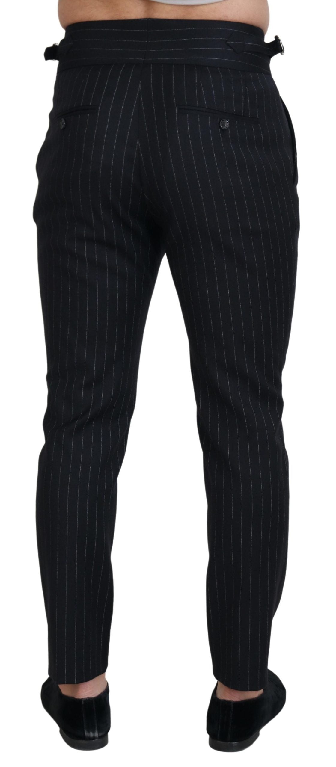 Black wool striped chino pants by Dolce & Gabbana, showing tailored fit and classic striped pattern.