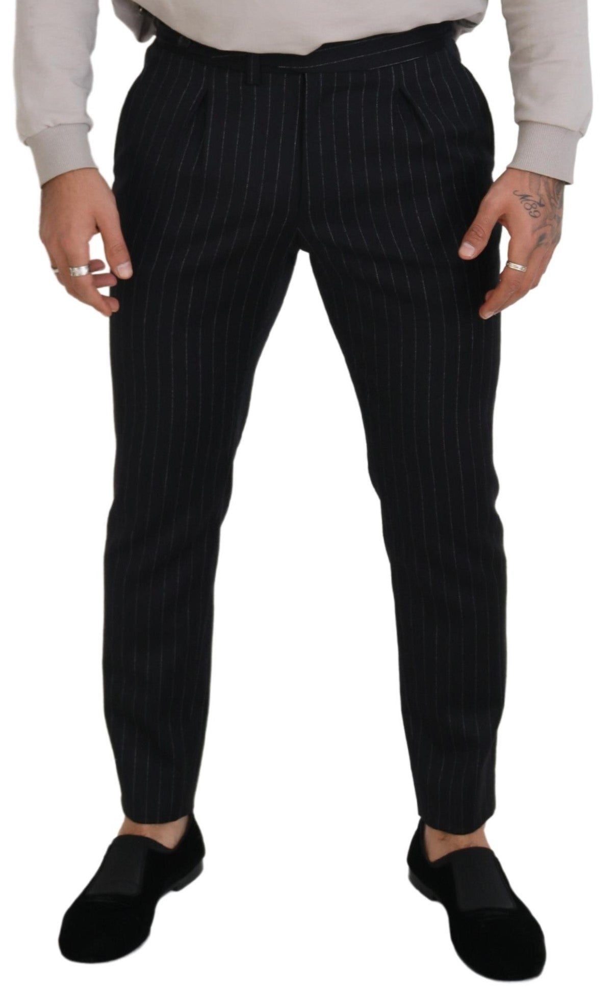 Black wool striped chino pants by Dolce & Gabbana, shown with tailored fit and classic design.