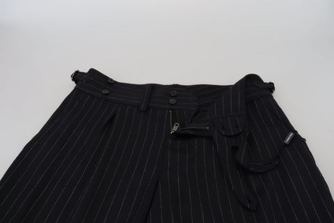 Black wool striped chino pants by Dolce & Gabbana, tailored fit with classic design and belt loops, shown on a model.