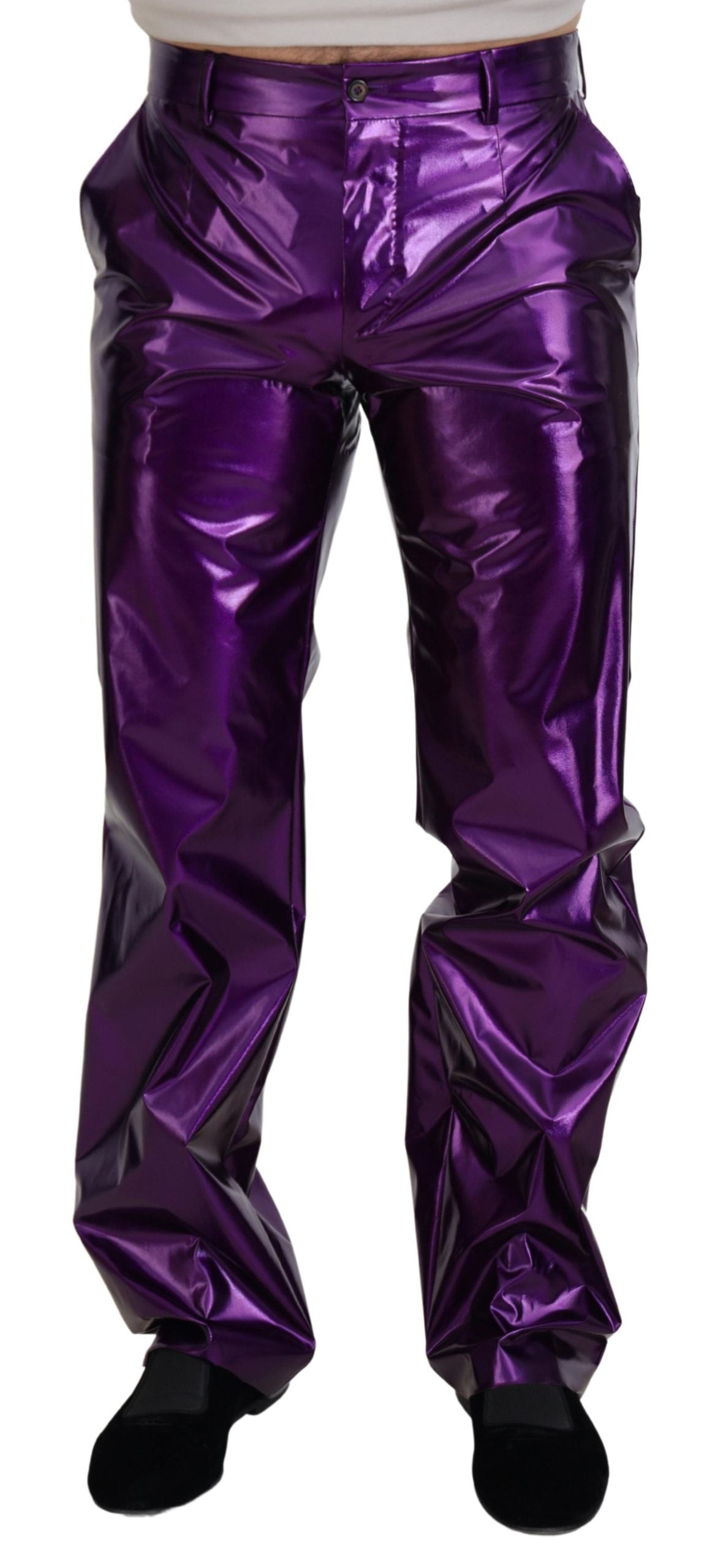 Purple shining men’s casual pants by Dolce & Gabbana, stylish and comfortable with a glossy finish, shown in the image.