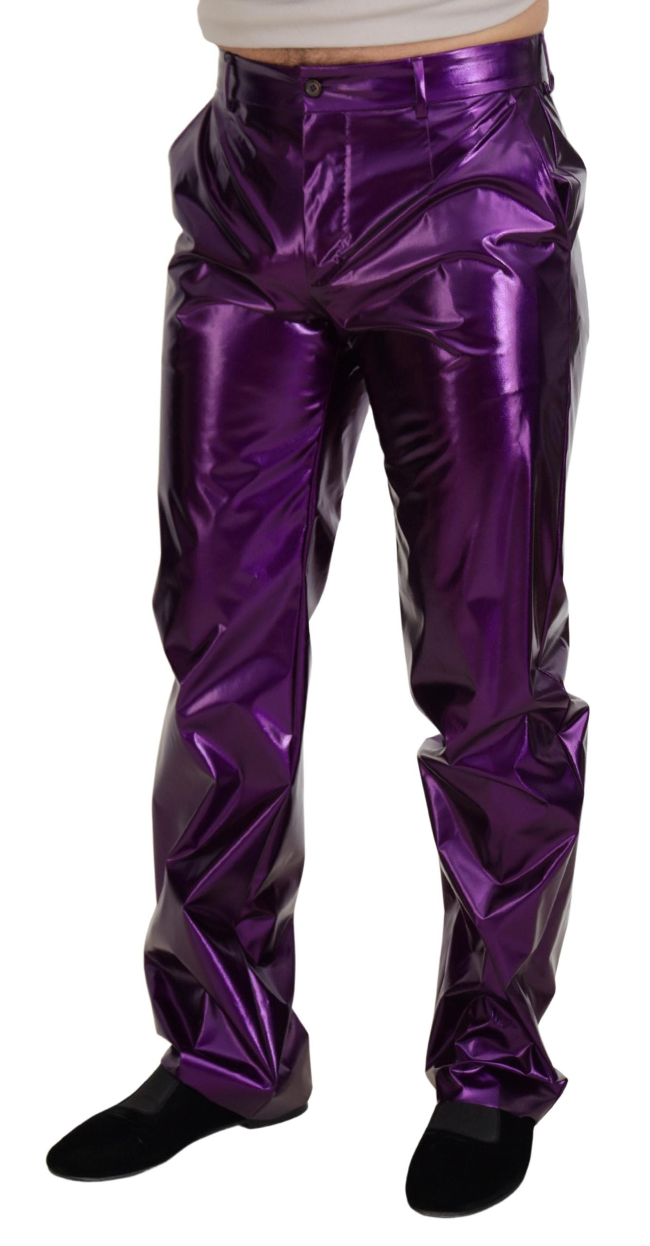 Purple shining men's casual pants by Dolce & Gabbana, featuring a sleek, glossy fabric and modern fit.