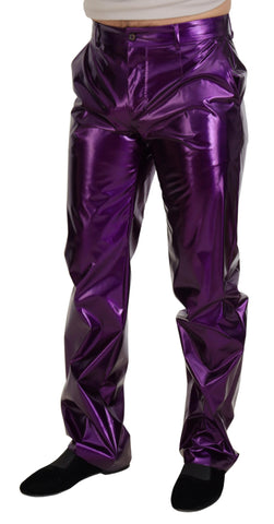 Purple shining men's casual pants by Dolce & Gabbana, featuring a sleek, glossy fabric and modern fit.