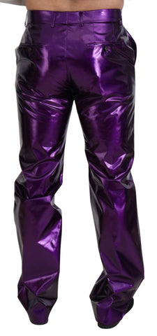 Purple shiny men's casual pants by Dolce & Gabbana, featuring a stylish fit and smooth fabric, shown on a model.