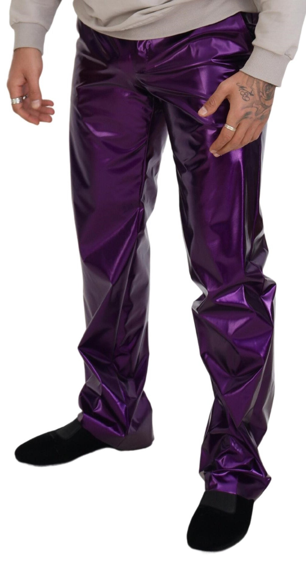 Purple shining men's casual pants by Dolce & Gabbana, featuring a sleek, reflective fabric design.