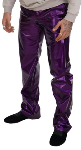 Purple shining men's casual pants by Dolce & Gabbana, featuring a sleek, reflective fabric design.