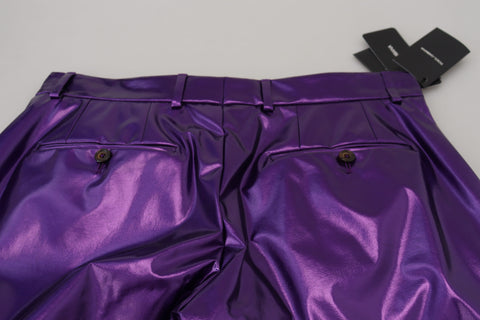 Purple shining men's casual pants by Dolce & Gabbana, featuring a sleek, glossy fabric and stylish fit.