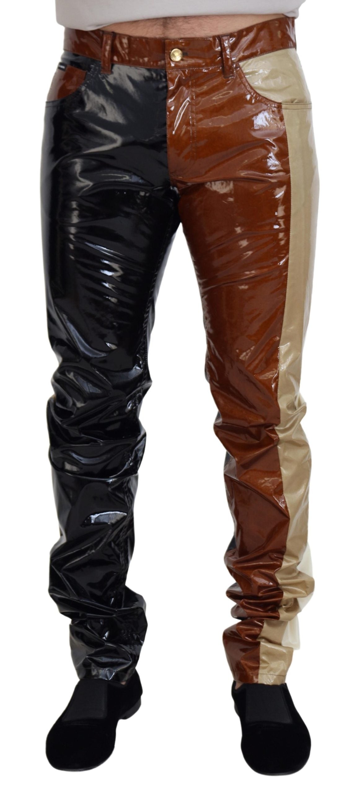 Multicolor shimmering slim fit men's denim jeans by Dolce & Gabbana, featuring shiny fabric and stylish design.