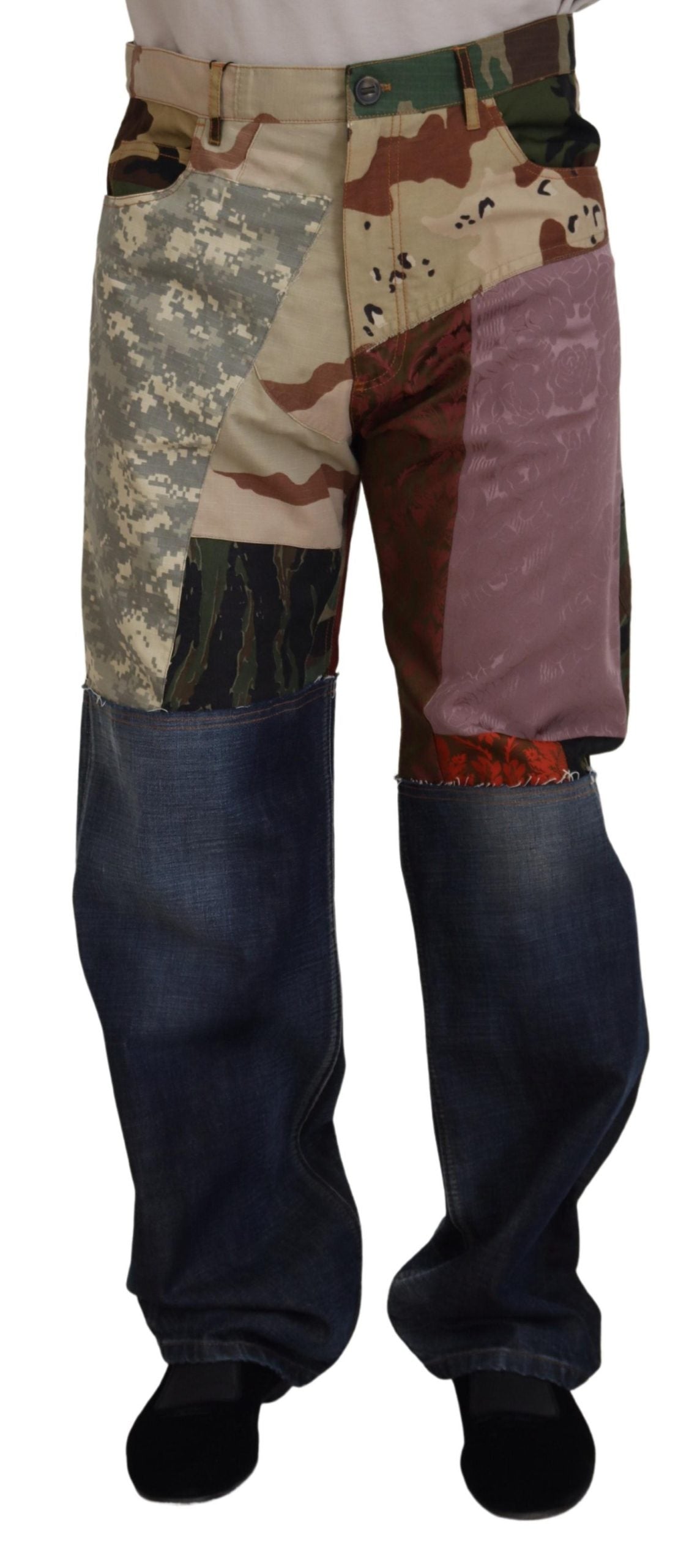Multicolor silk patchwork denim jeans for men by Dolce & Gabbana showing intricate patchwork details and classic denim fabric