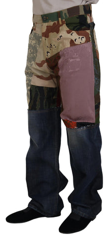 Multicolor silk patchwork denim jeans for men by Dolce & Gabbana, featuring vibrant fabric patches and classic jean design.