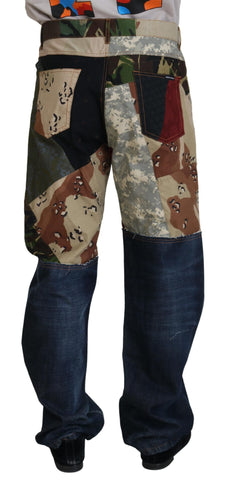Multicolor silk patchwork denim jeans for men by Dolce & Gabbana, featuring vibrant fabric patches and classic denim styling.