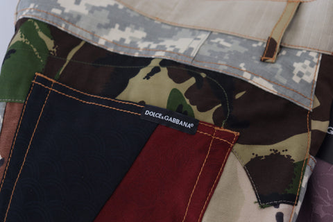 Multicolor silk patchwork denim jeans for men by Dolce & Gabbana, featuring vibrant fabric patches and classic denim style.