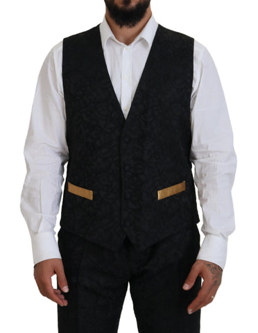 Dolce & Gabbana black and gold fantasy tuxedo slim fit suit, tailored with intricate detailing and luxurious fabric.