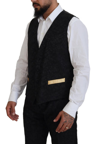 Black gold fantasy tuxedo slim fit suit by Dolce & Gabbana, featuring a stylish black and gold design, tailored fit, and elegant lapels.