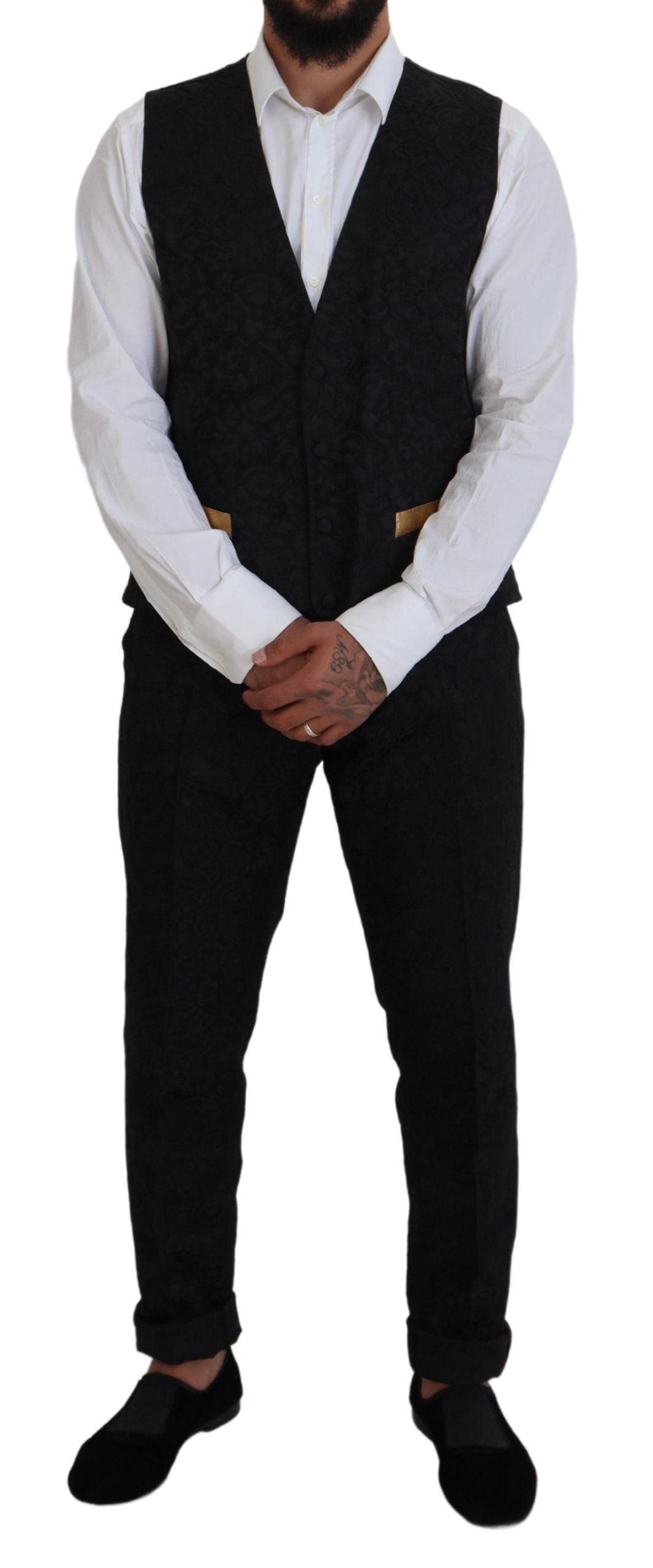 Dolce & Gabbana black gold fantasy tuxedo slim fit suit, tailored formal men's attire with gold accents, front view.