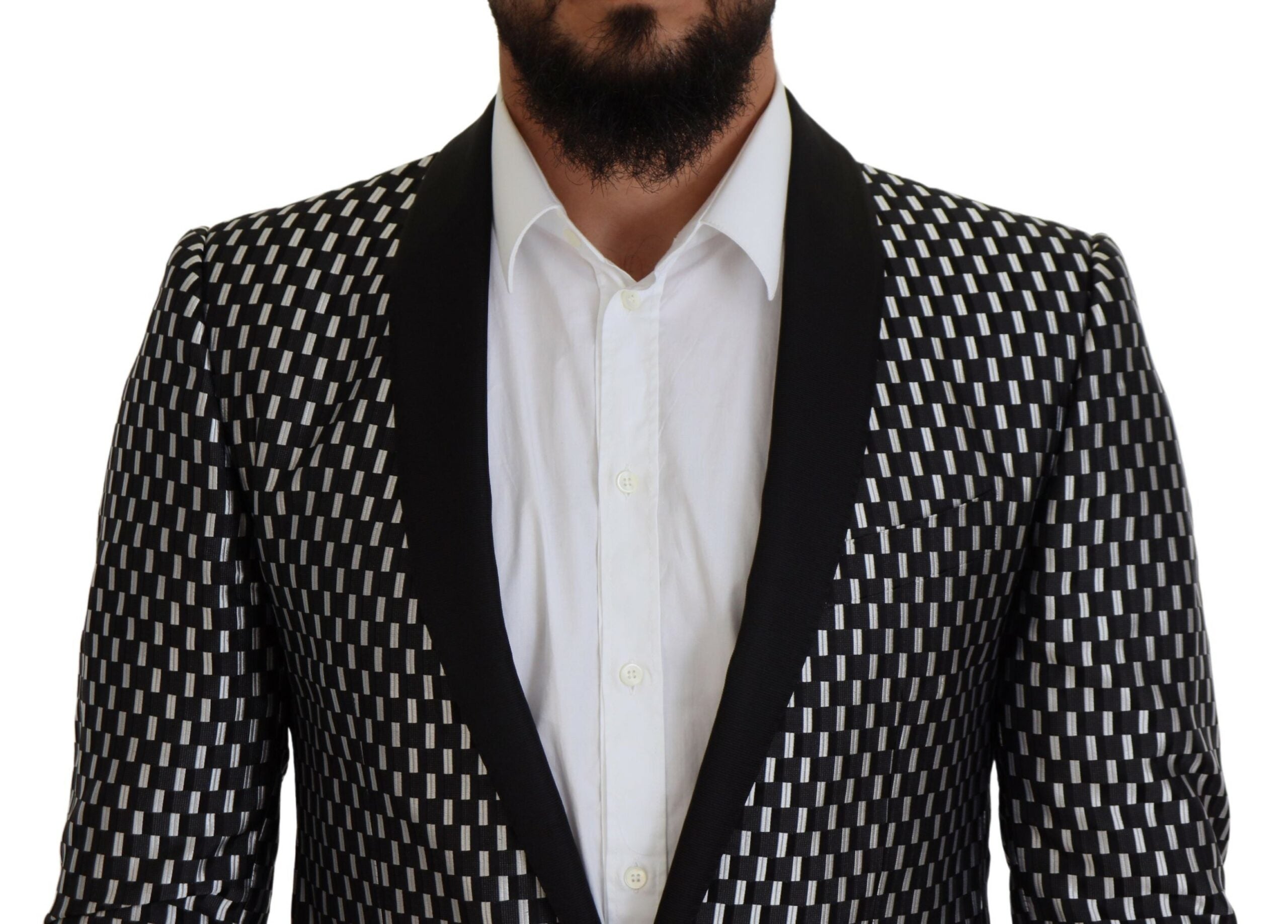Black and white silk Martini slim fit suit by Dolce & Gabbana, featuring tailored jacket and matching trousers.
