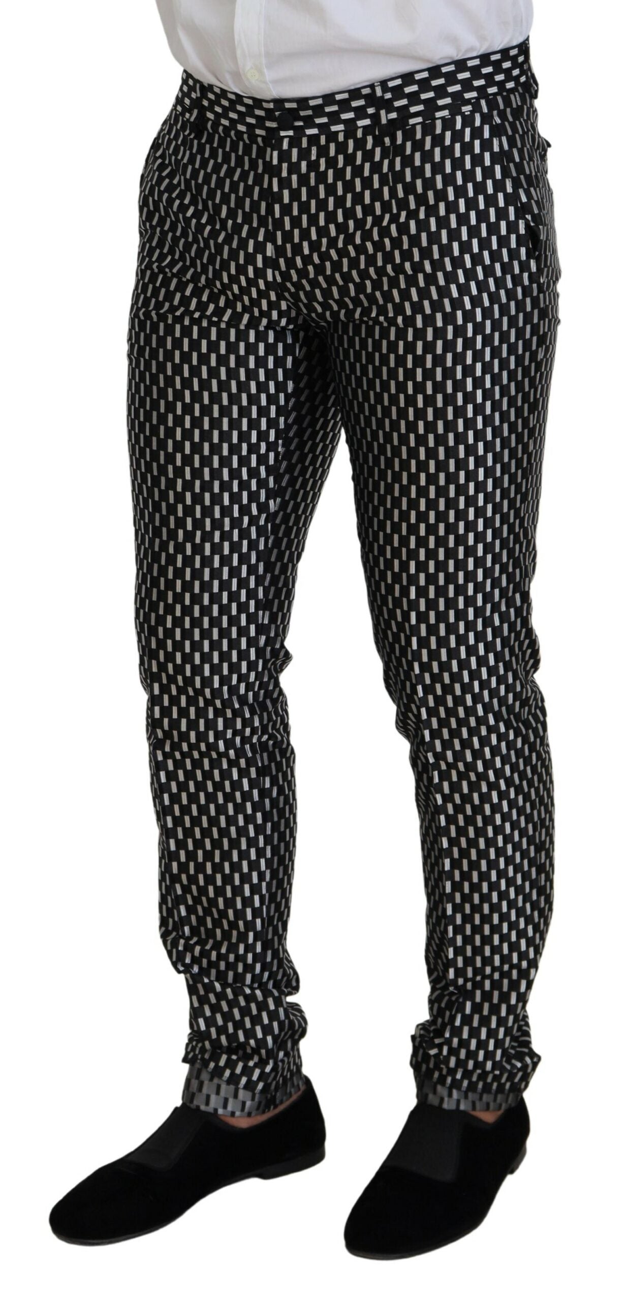 Black and white silk Martini slim fit suit by Dolce & Gabbana, tailored with crisp lapels and sleek design for formal occasions.