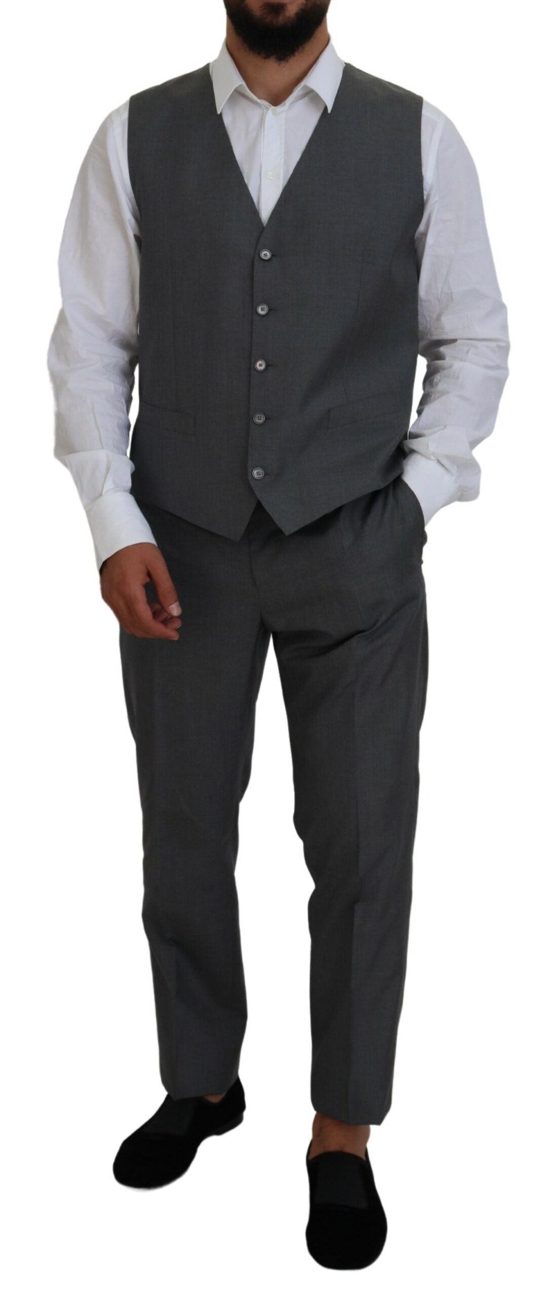 Gray Dolce & Gabbana Martini 3-piece slim fit suit, tailored with a modern fit, displayed on a mannequin.