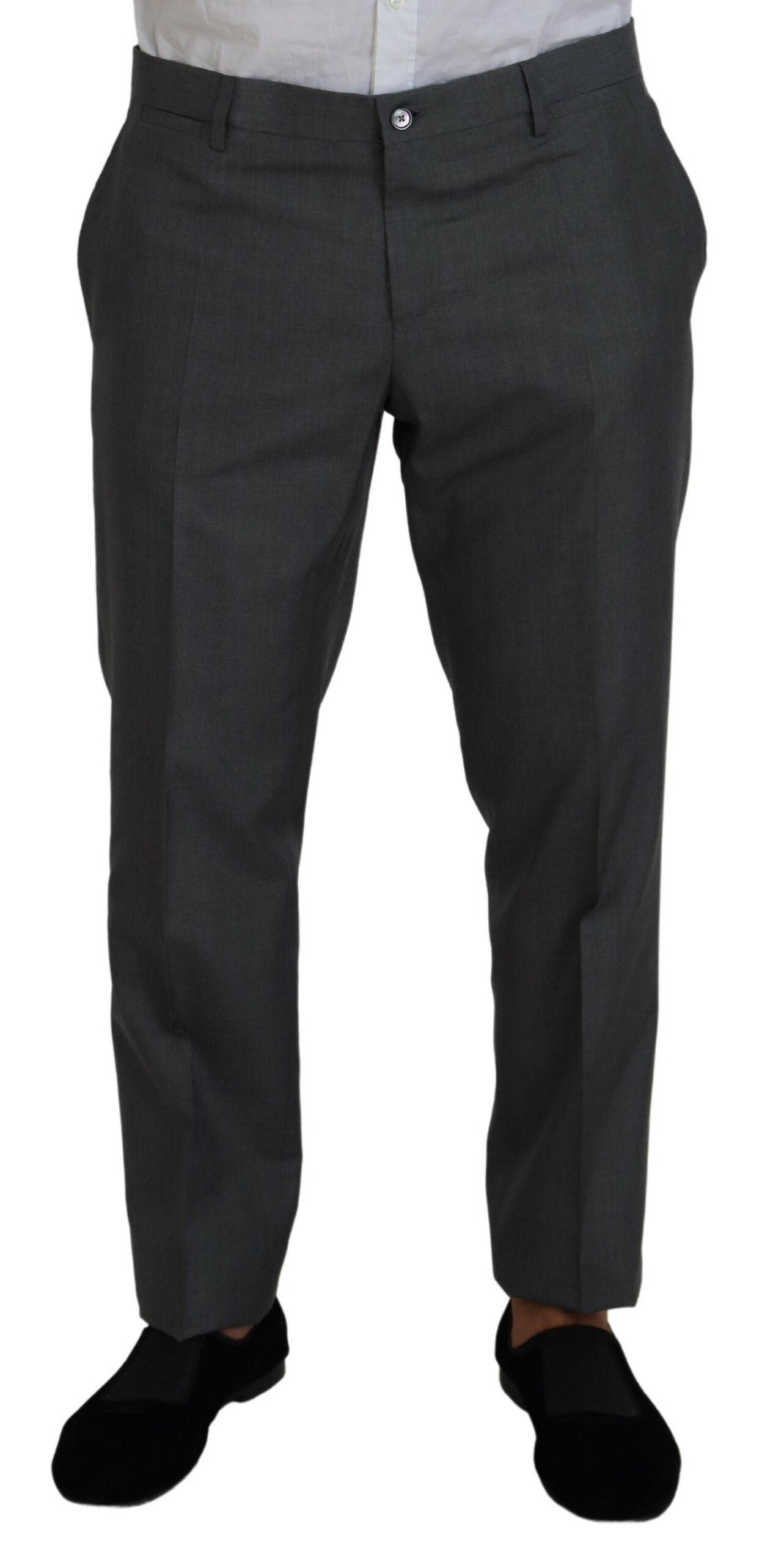 Gray Dolce & Gabbana Martini 3-piece slim fit suit displayed on a hanger with jacket, vest, and trousers.