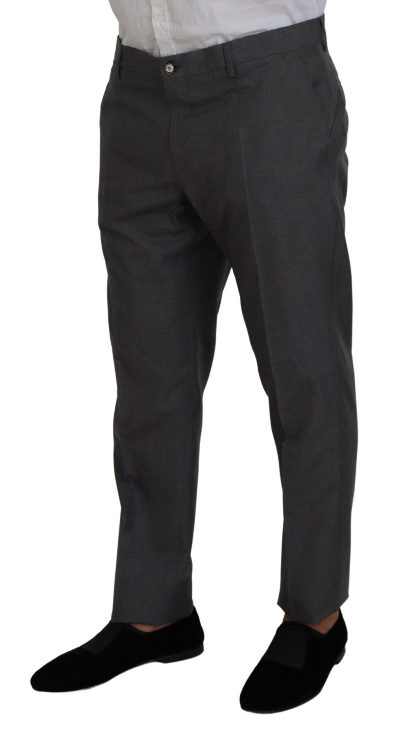 Gray Dolce & Gabbana Martini 3-piece slim fit suit displayed on a mannequin with shirt and tie, showcasing tailored craftsmanship.