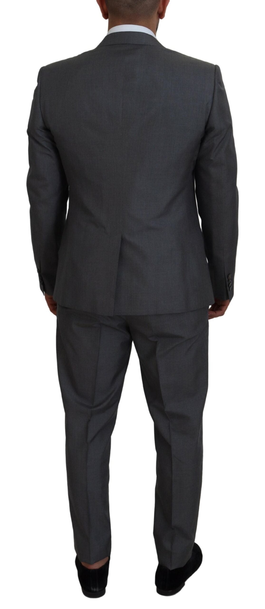 Gray Dolce & Gabbana Martini 3-piece slim fit suit displayed on a mannequin, featuring a tailored jacket, vest, and matching trousers.