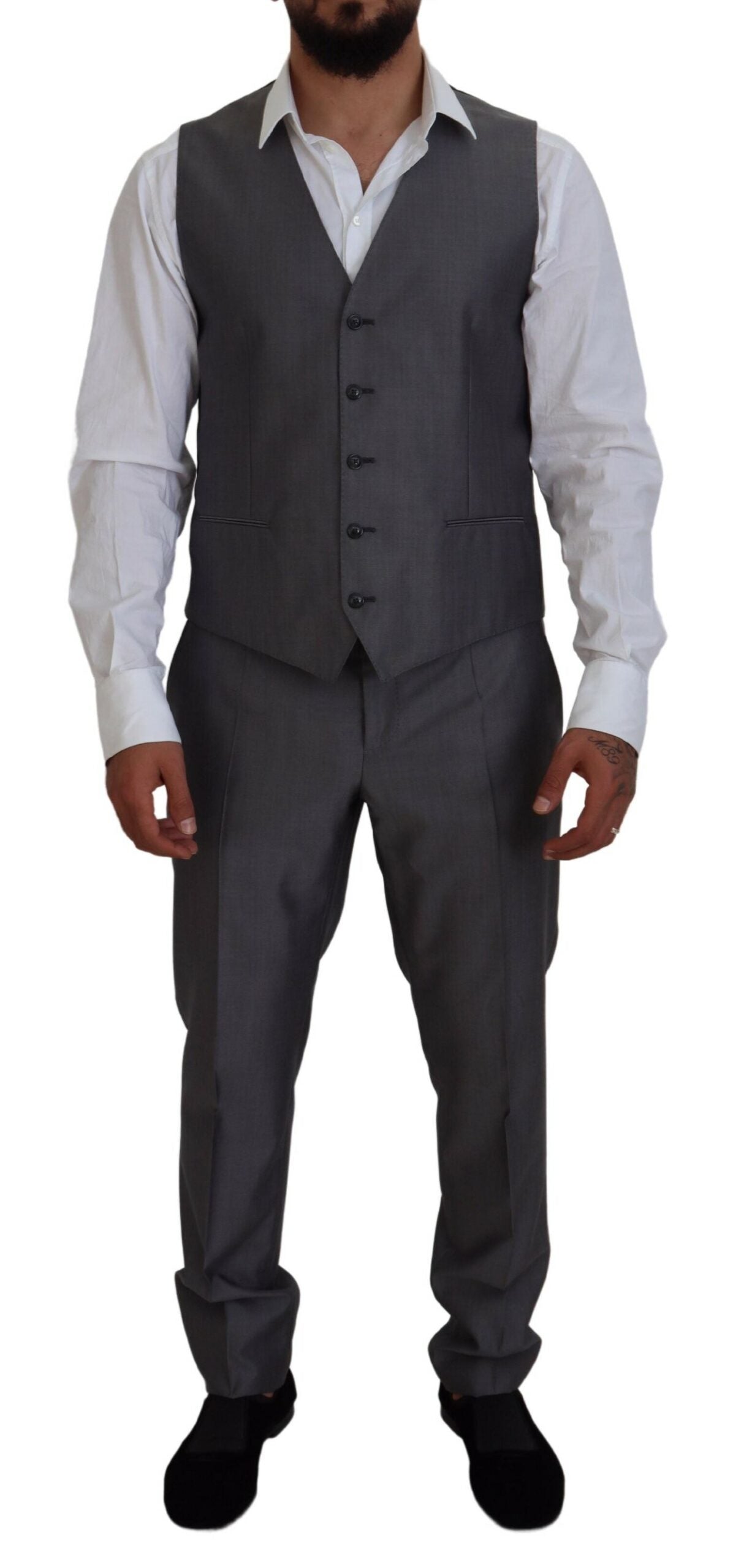 Gray Sicilia 3-piece slim fit suit by Dolce & Gabbana, featuring tailored jacket, vest, and matching trousers on a model.