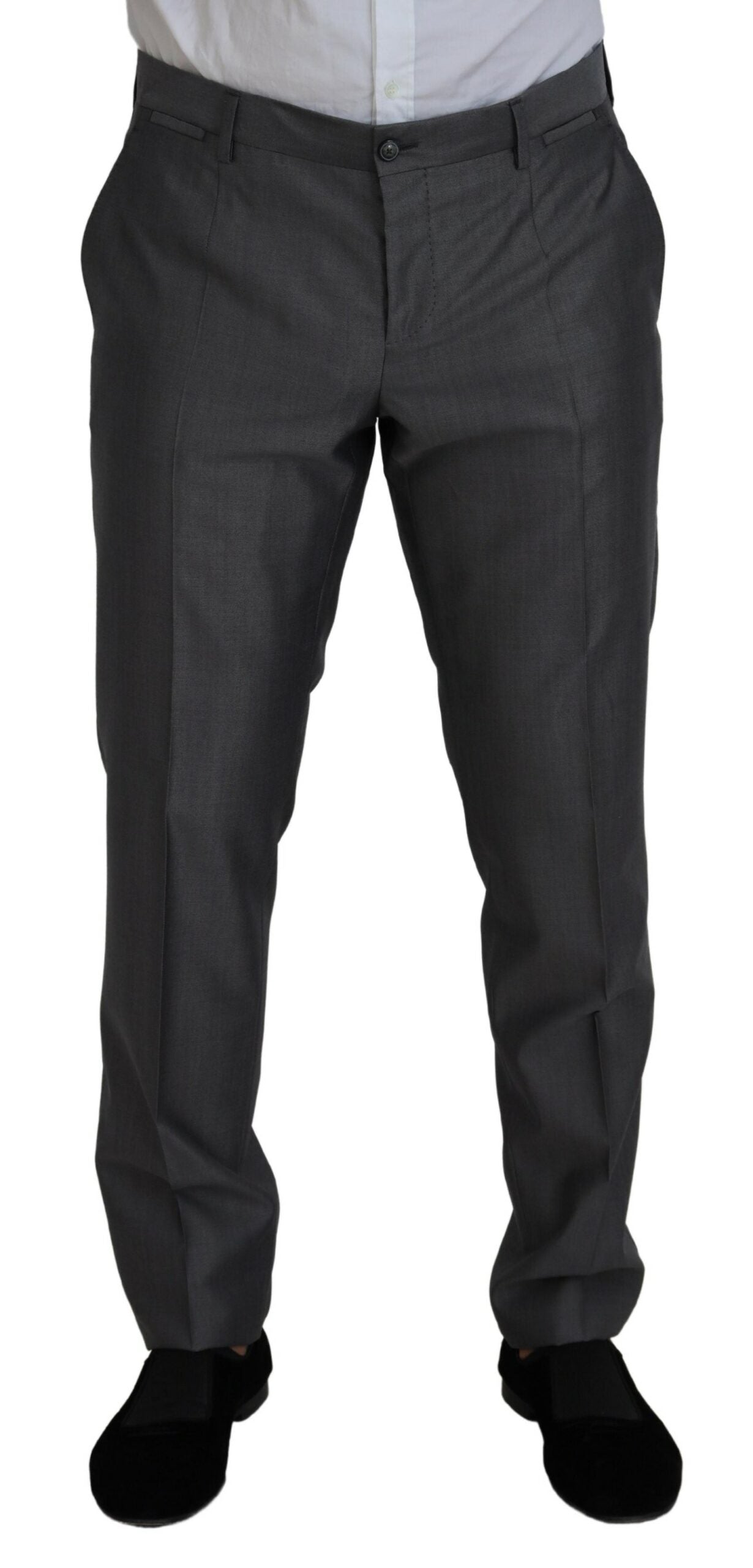 Gray Dolce & Gabbana Sicilia 3-piece slim fit suit, tailored jacket, trousers, and vest shown on a mannequin.