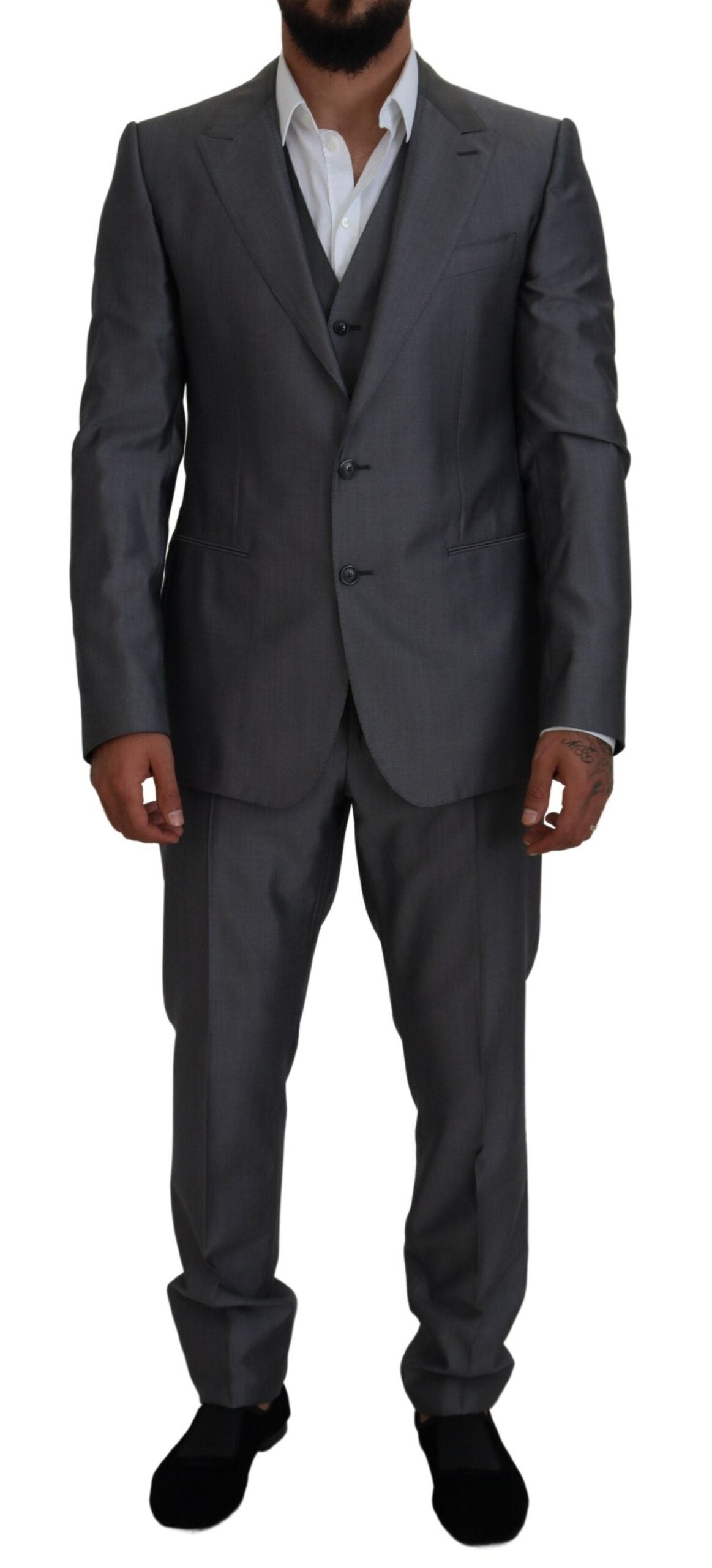 Gray Dolce & Gabbana Sicilia 3-piece slim fit suit, featuring tailored jacket, trousers, and vest on a hanger.