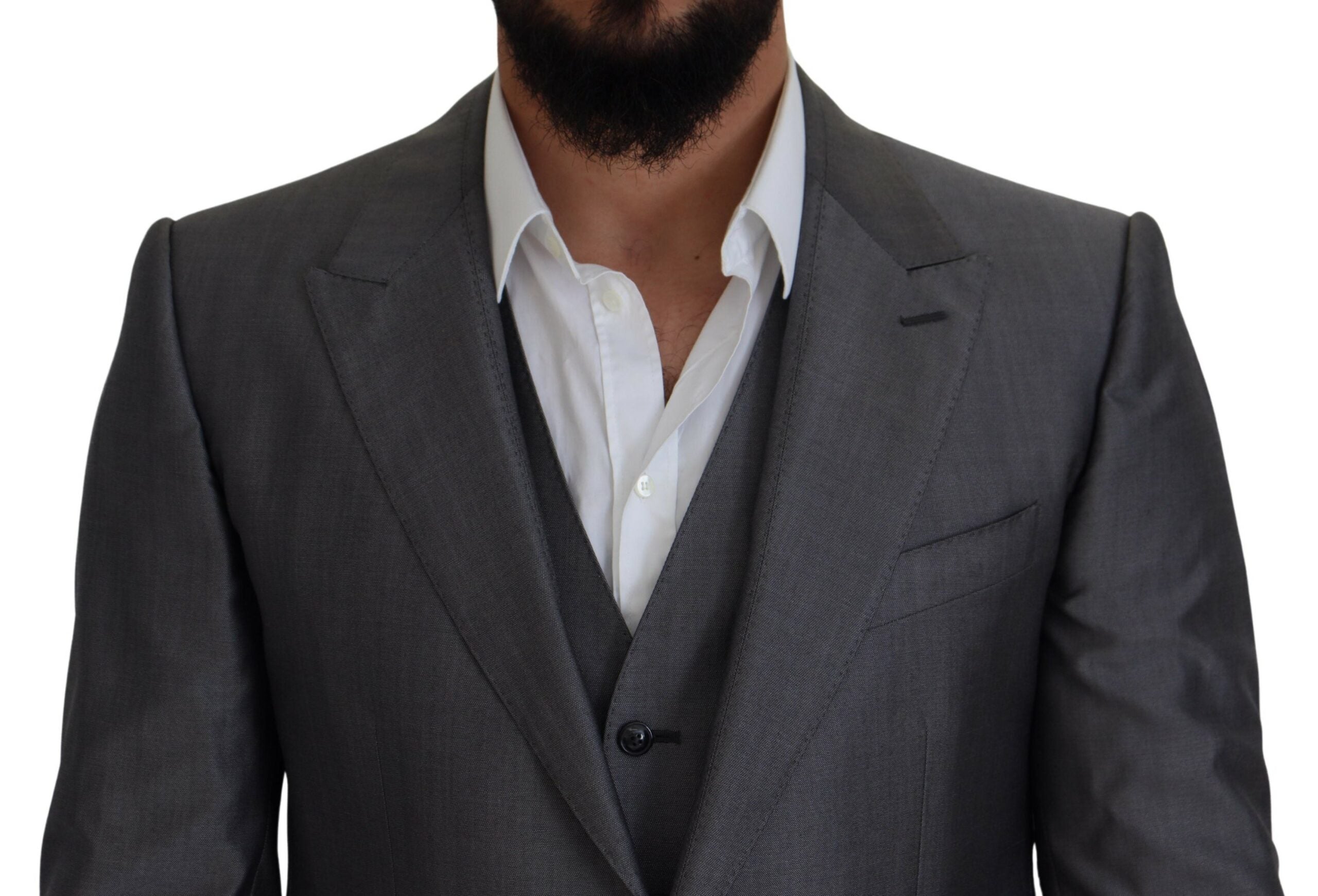 Gray Dolce & Gabbana Sicilia 3-piece slim fit suit, tailored jacket, trousers, and vest displayed on a hanger.