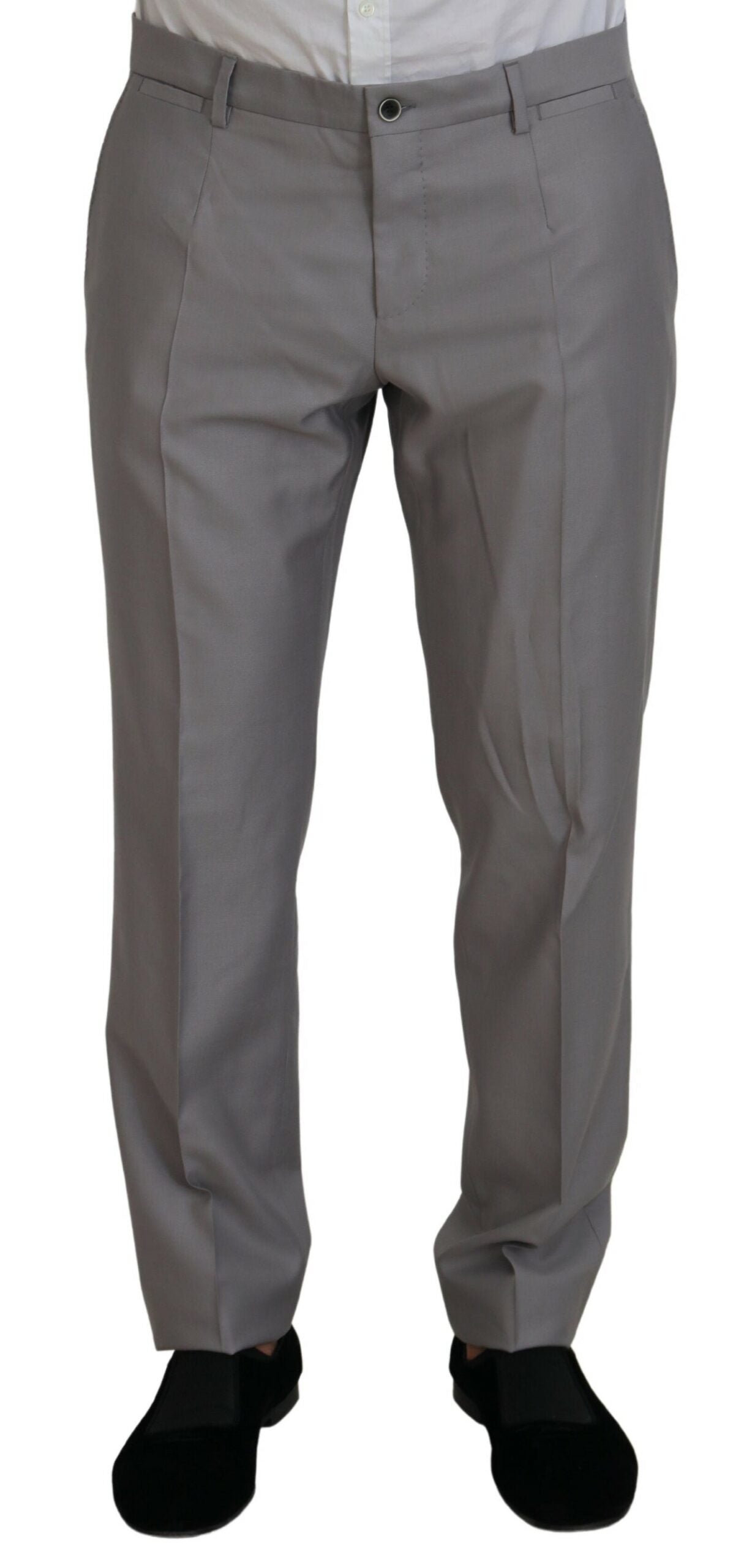 Silver wool silk 3-piece slim fit suit by Dolce & Gabbana, featuring tailored jacket, trousers, and vest on a model.