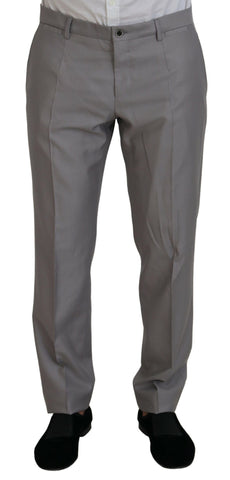 Silver wool silk 3-piece slim fit suit by Dolce & Gabbana, featuring tailored jacket, trousers, and vest on a model.