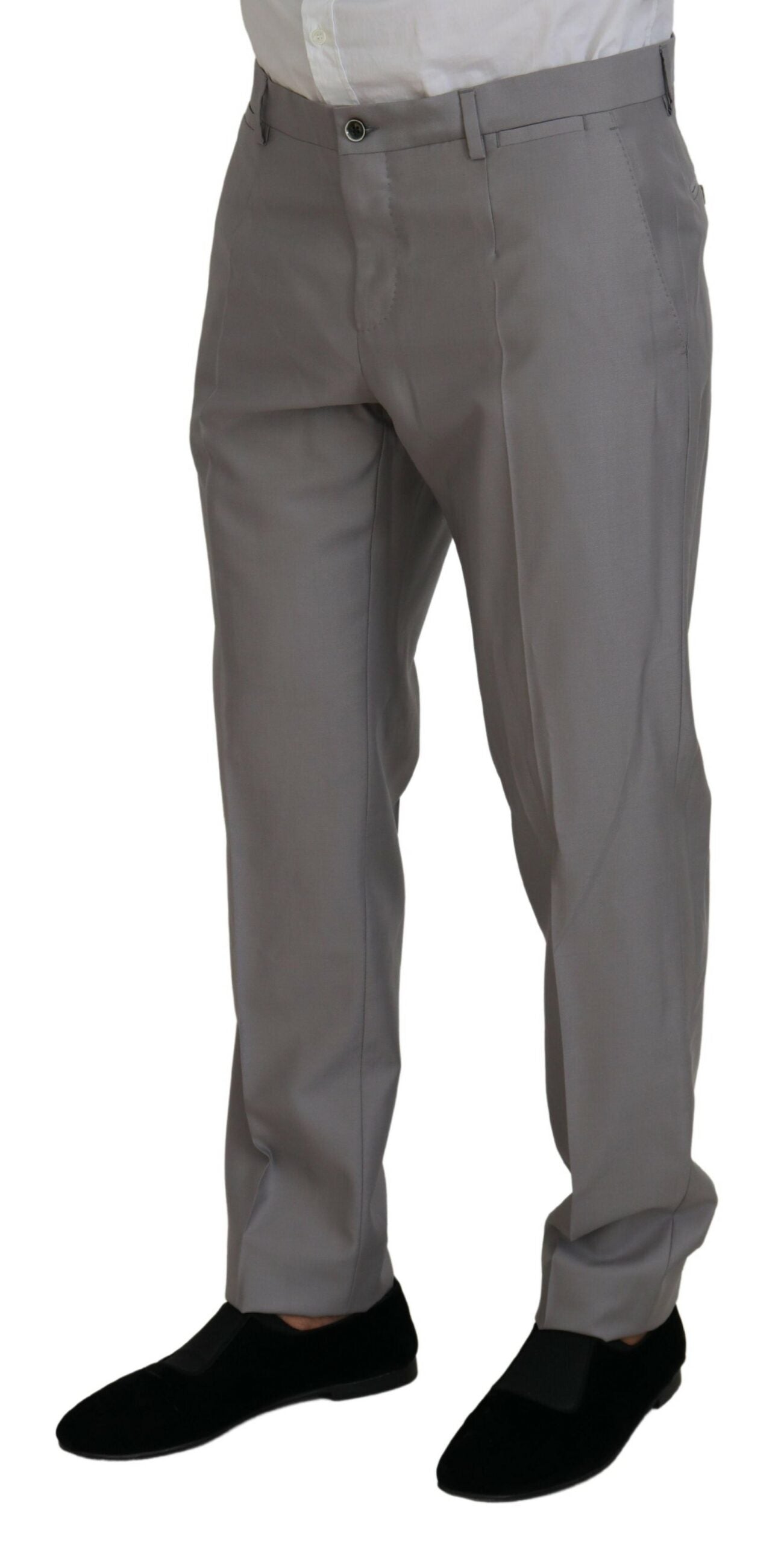 Silver wool silk 3-piece slim fit suit by Dolce & Gabbana, featuring tailored jacket, vest, and matching trousers.