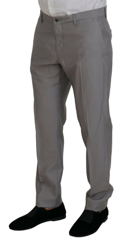 Silver wool silk 3-piece slim fit suit by Dolce & Gabbana, featuring tailored jacket, vest, and matching trousers.