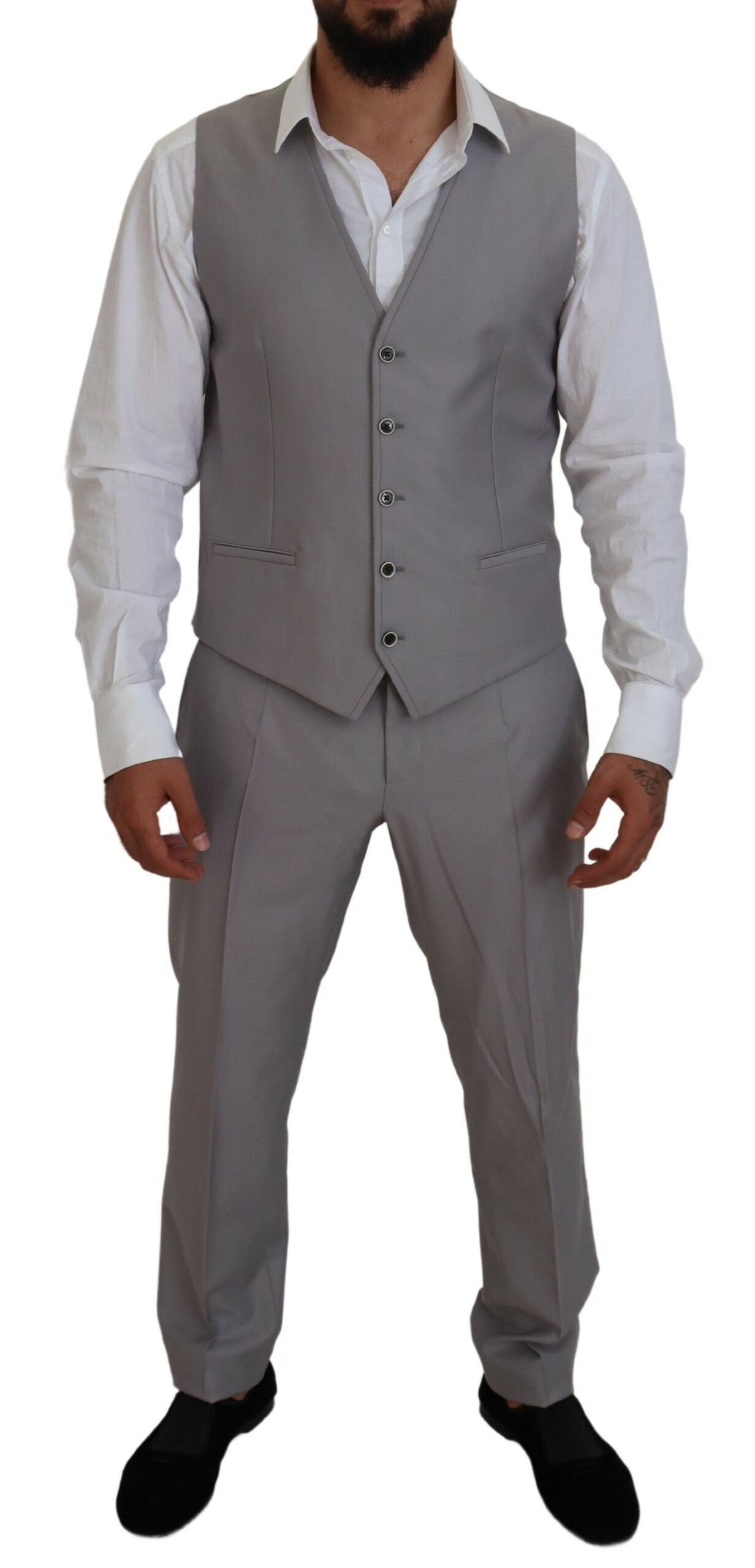 Silver wool silk 3-piece slim fit suit by Dolce & Gabbana, featuring tailored jacket, trousers, and waistcoat on a mannequin.