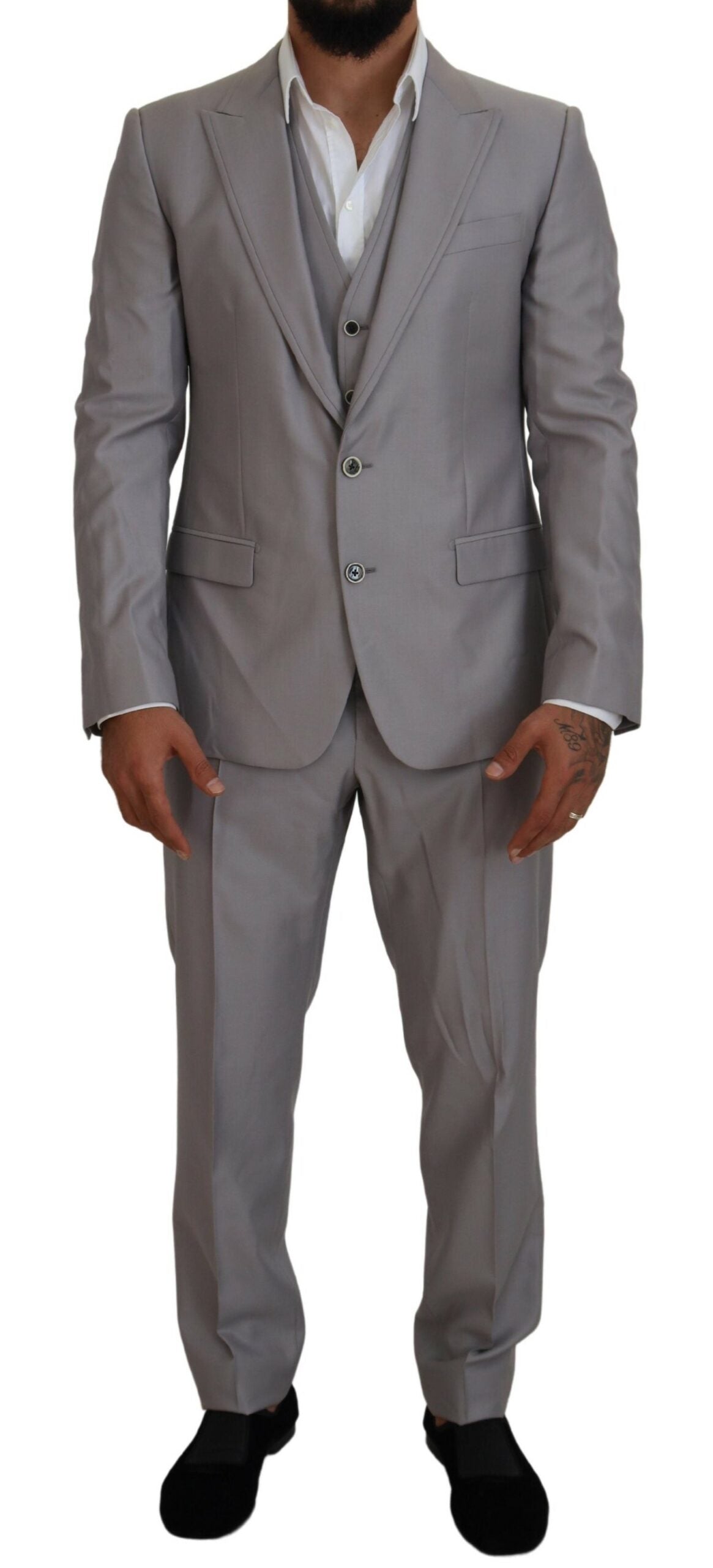 Silver wool silk 3-piece slim fit suit by Dolce & Gabbana, featuring tailored jacket, trousers, and vest on a mannequin.