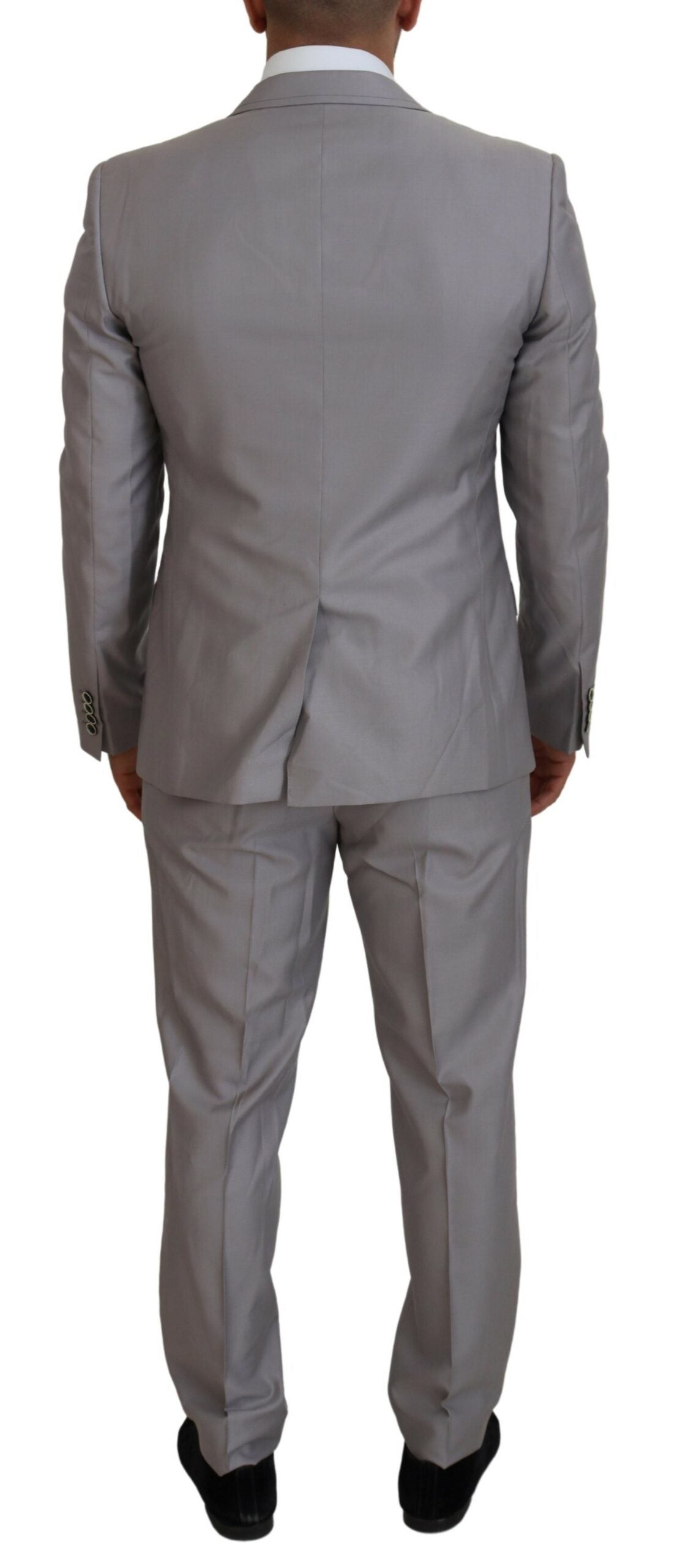 Silver wool silk 3-piece slim fit suit by Dolce & Gabbana, featuring tailored jacket, vest, and matching trousers.