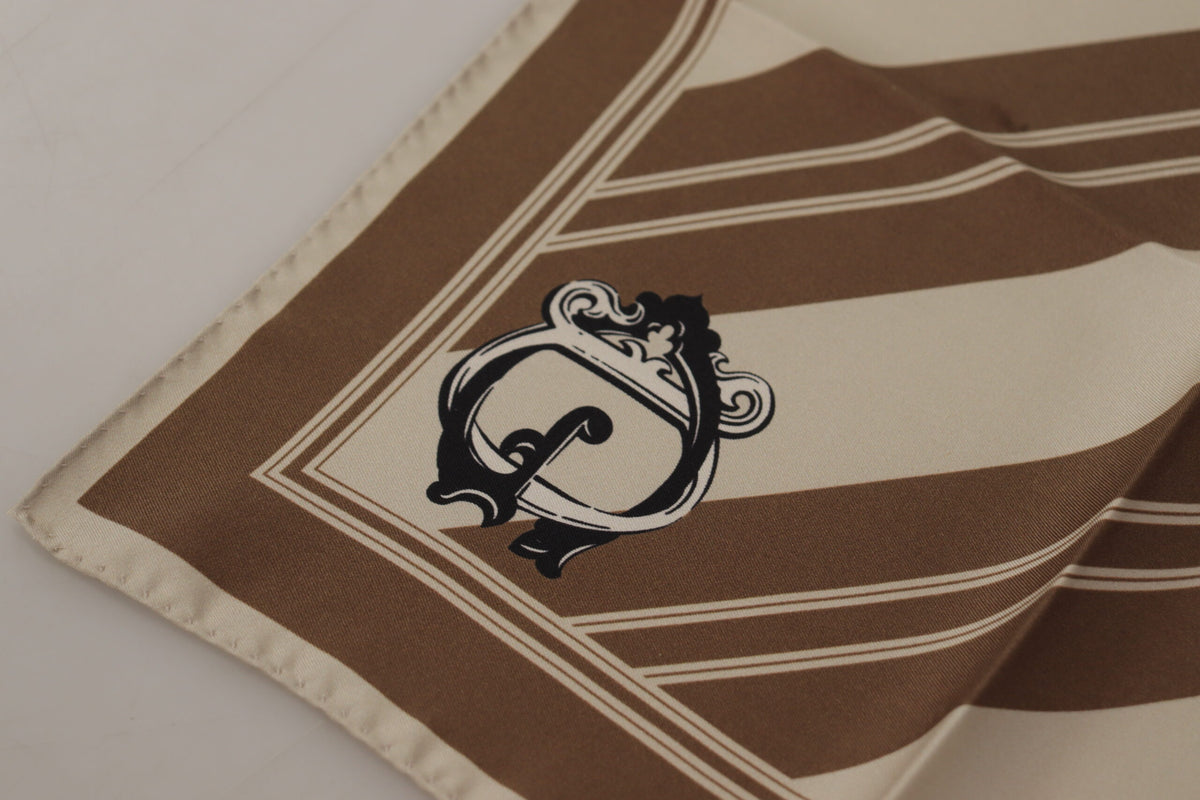 Brown striped Dolce & Gabbana men's square handkerchief scarf with DG logo design, made of soft fabric, stylish accessory.